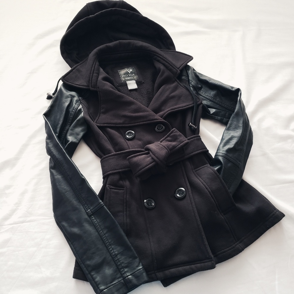 Black vegan faux leather jacket with hood